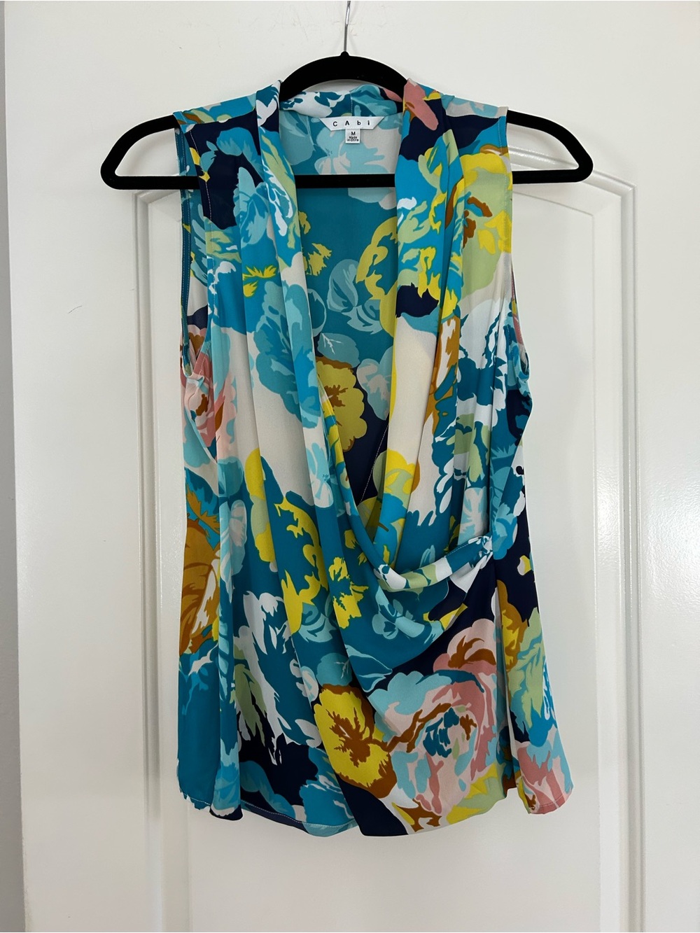CAbi Teal Floral Draped Sleeveless Top